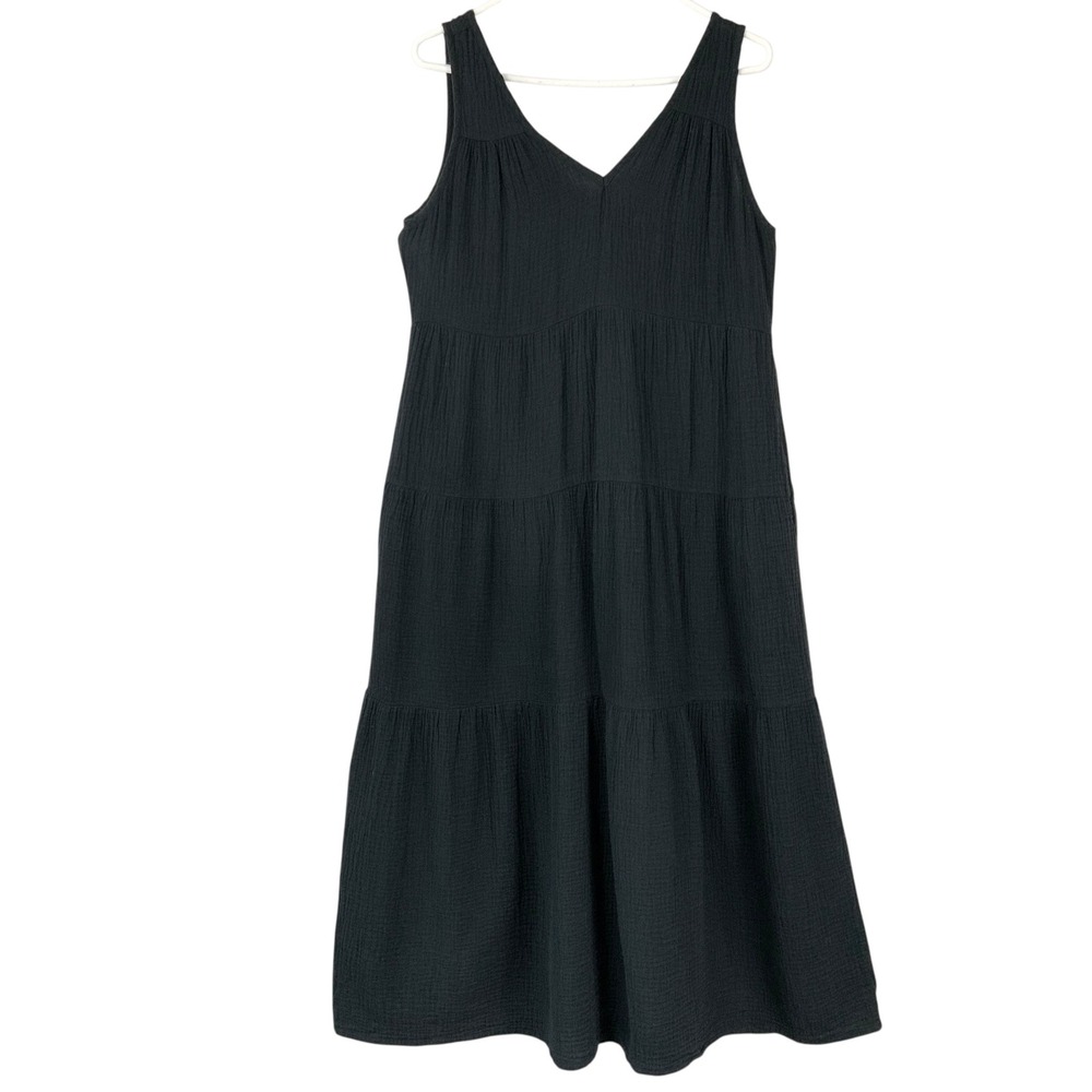 Marine Layer Black Cotton Gauze Midi Dress M Pullover V-Neck Sleeveless Tiered